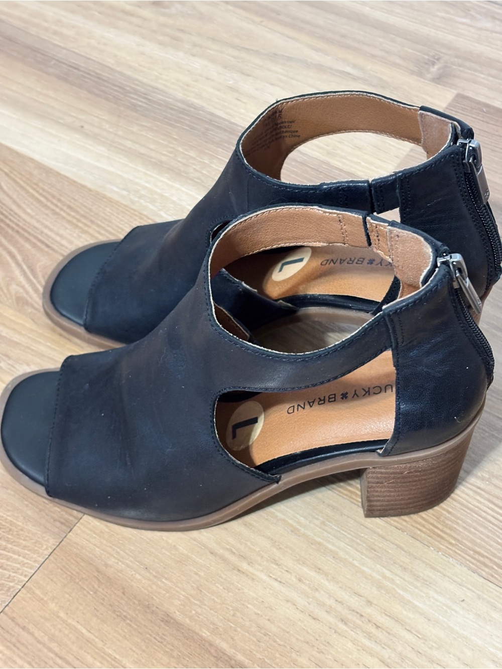 Lucky Brand Black Leather Peep Toe Cutout Bootie Stacked Heel